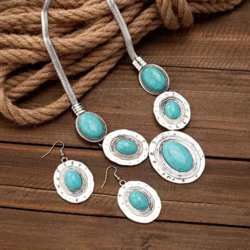 Western Boho Turquoise Silver Necklace and Earring Set